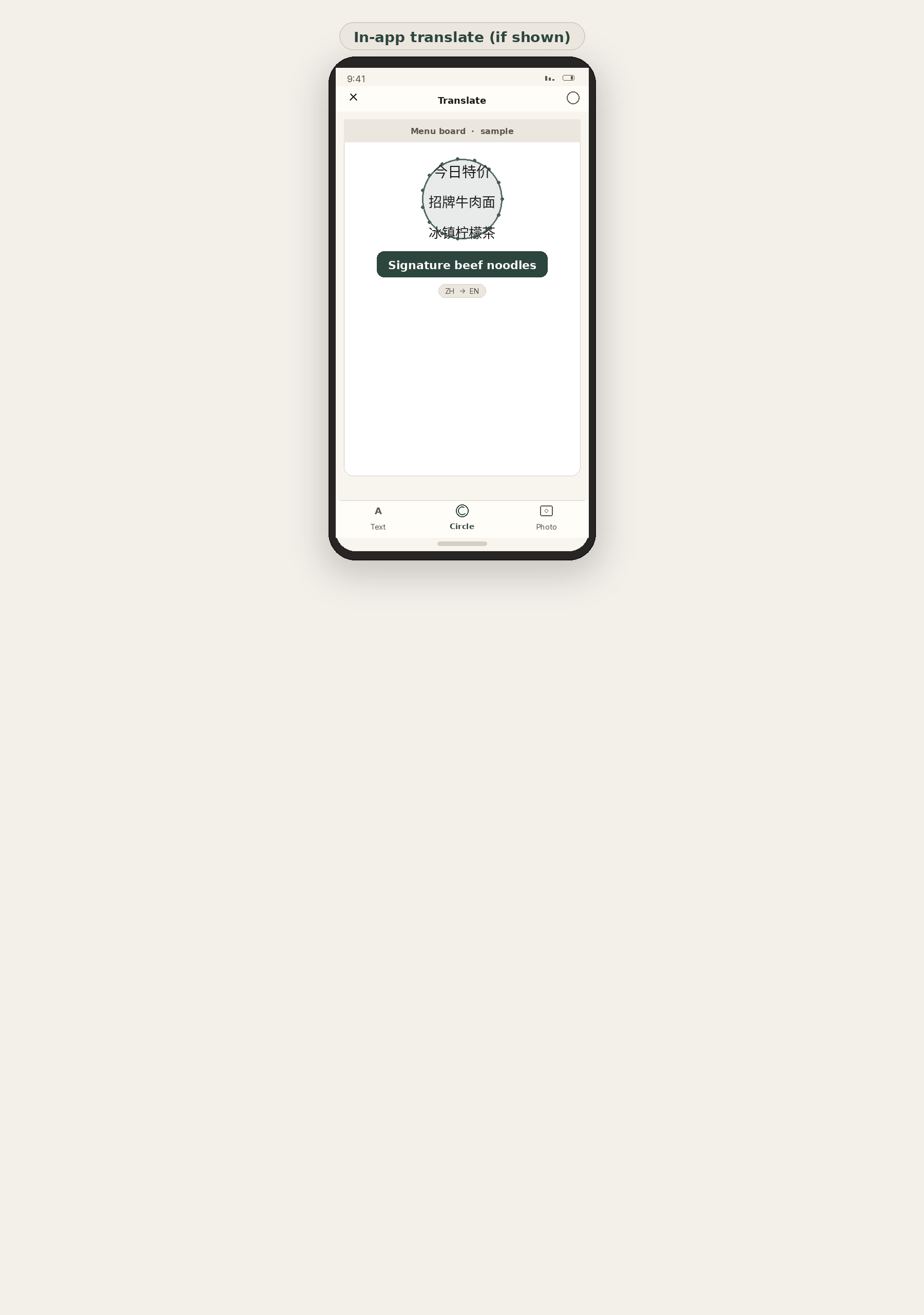 Schematic phone UI: in-app translate gesture over sample text (illustrative)